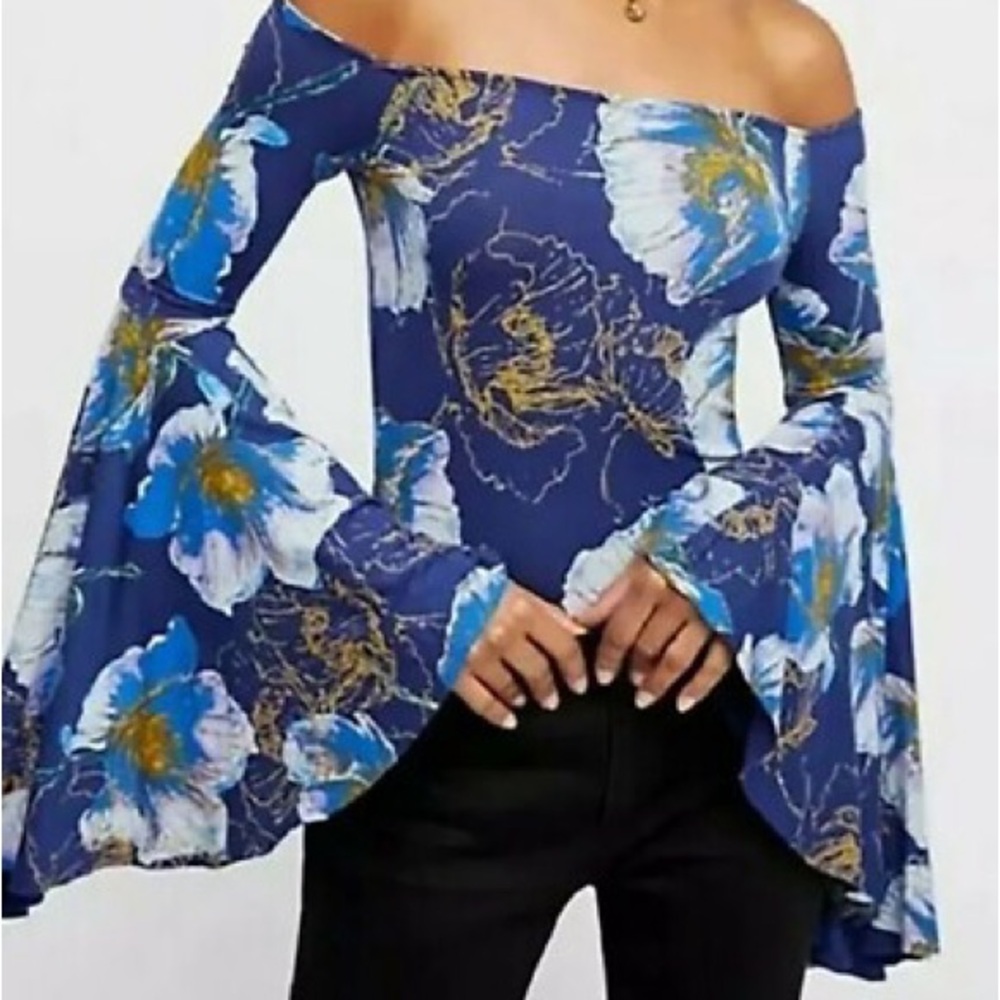 We The Free Blue Floral Off-Shoulder Blouse
